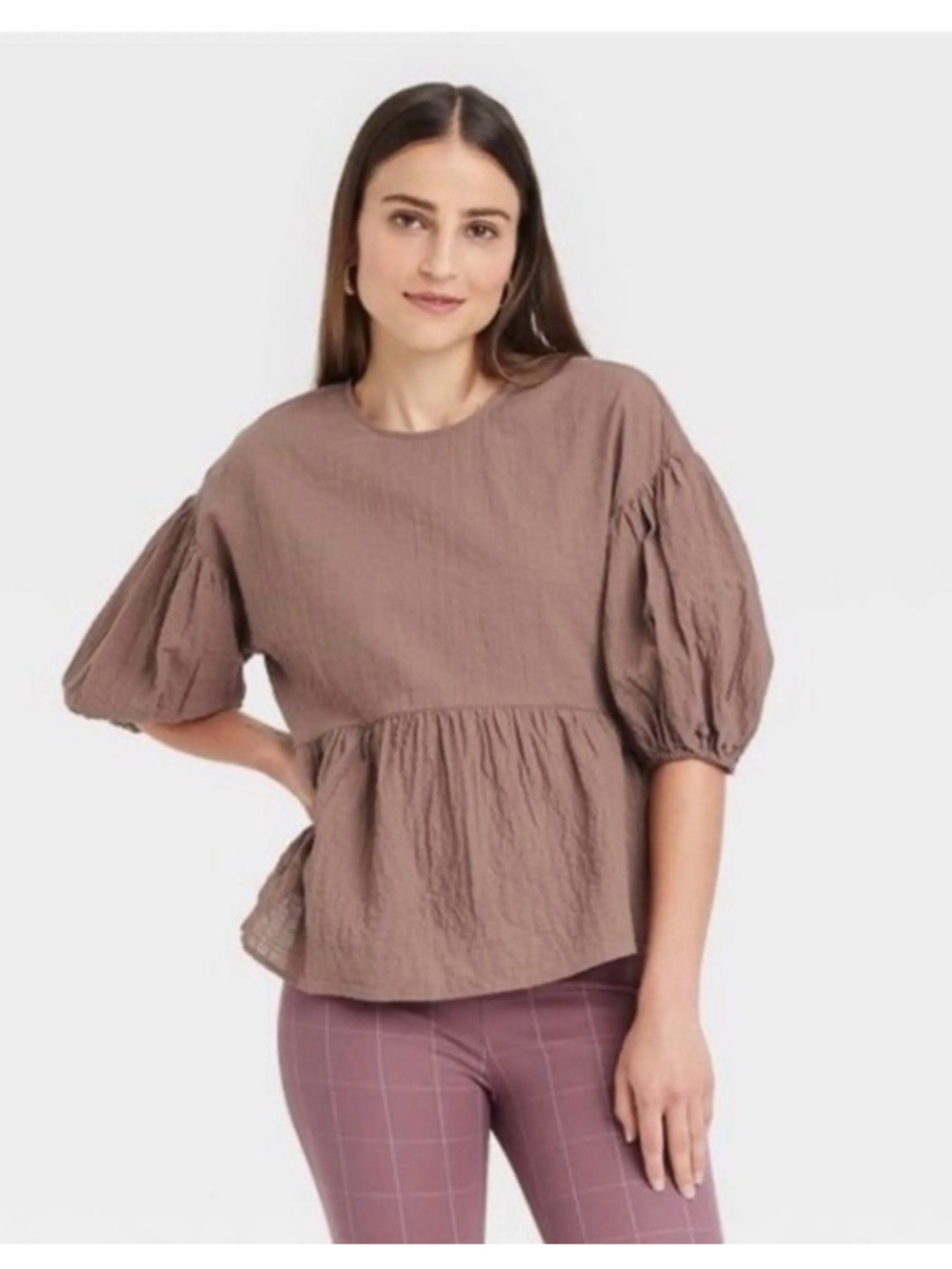 a new day Taupe Puff-Sleeve Peplum Top